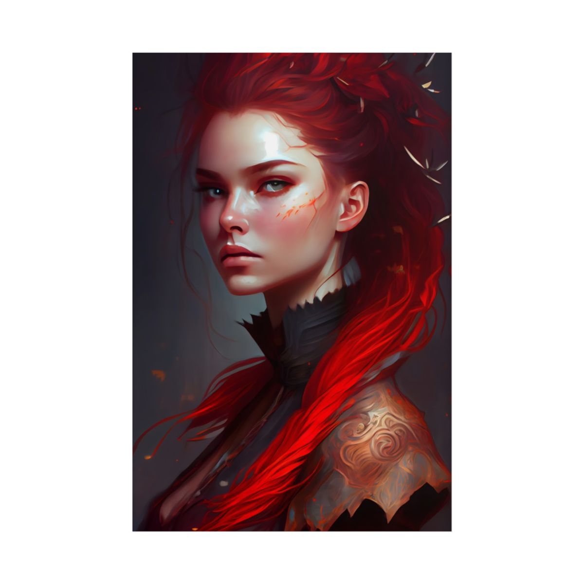 Serene Female Portrait: Red Hair Artwork in Elegant Dressing - Poster