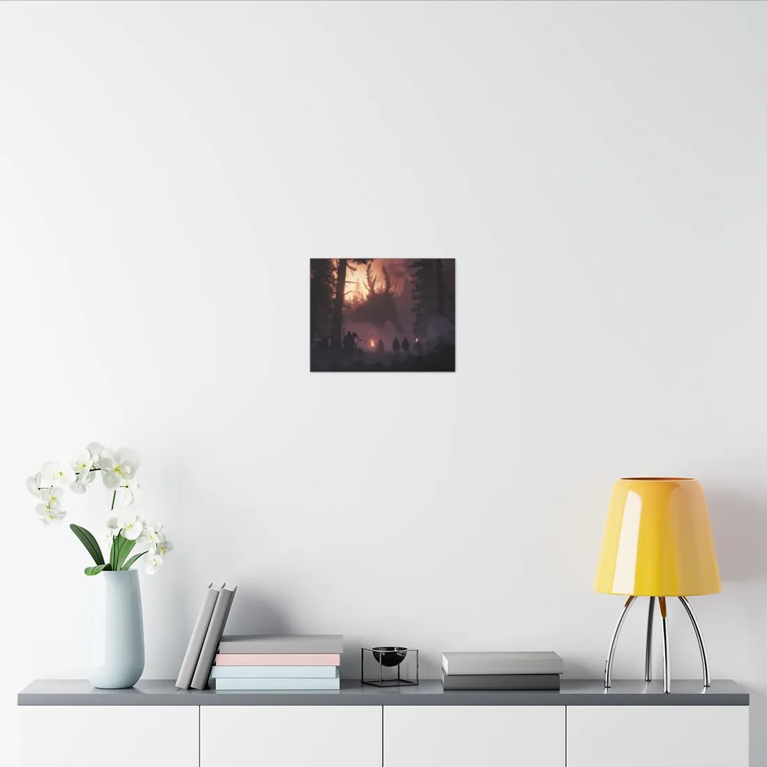 Serene Forest Sunset: Group Walking Through Misty Landscape - Canvas