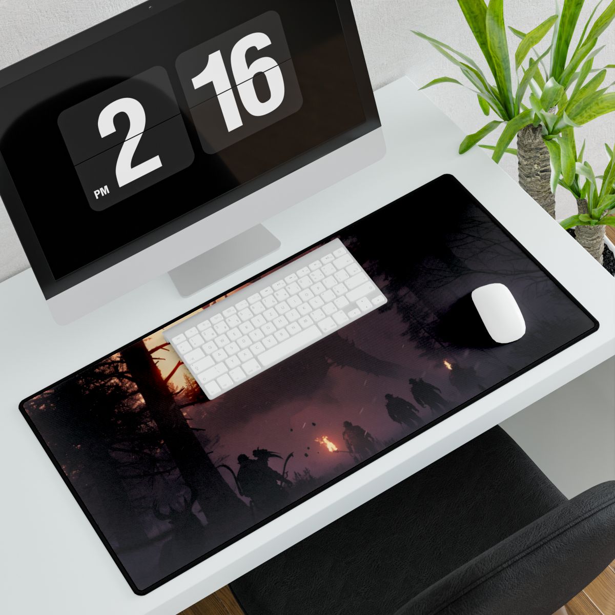 Serene Forest Sunset: Group Walking Through Misty Landscape - Desk Mat