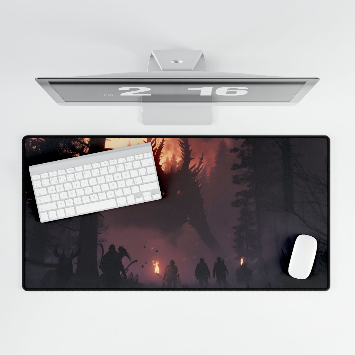 Serene Forest Sunset: Group Walking Through Misty Landscape - Desk Mat
