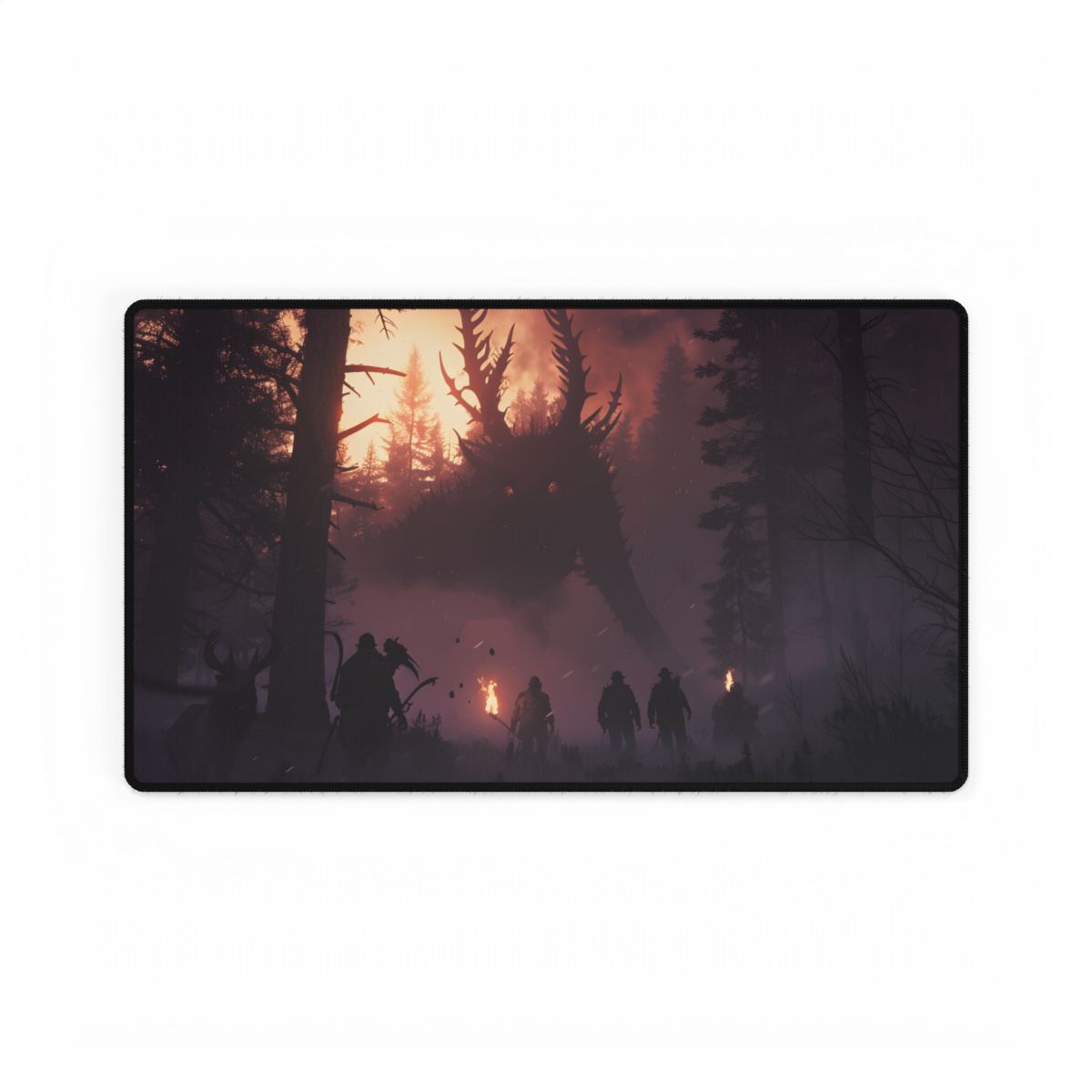 Serene Forest Sunset: Group Walking Through Misty Landscape - Desk Mat