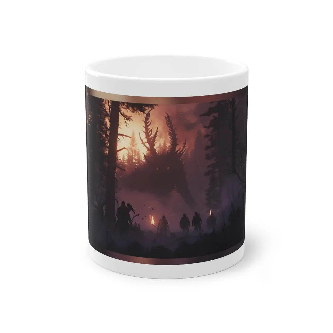 Serene Forest Sunset: Group Walking Through Misty Landscape - Mug