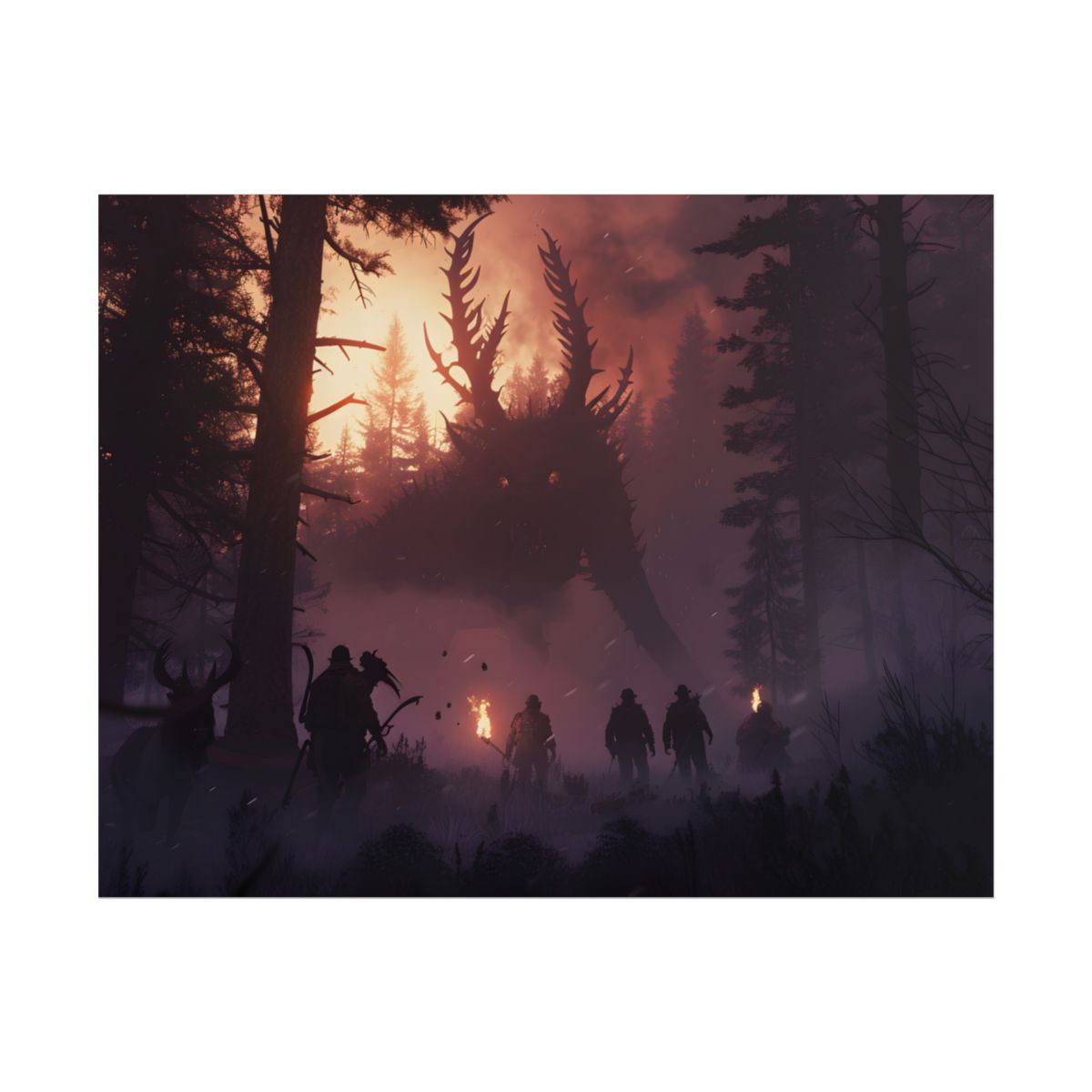 Serene Forest Sunset: Group Walking Through Misty Landscape - Poster