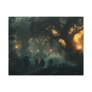 Armored Warriors in Misty Forest Canvas Print