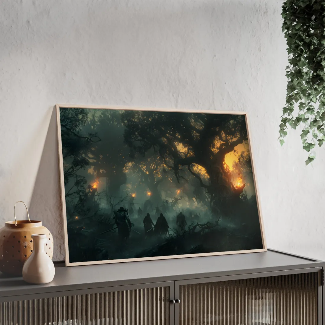 Serene Forest Sunset: Peaceful People's Journey - Framed Poster