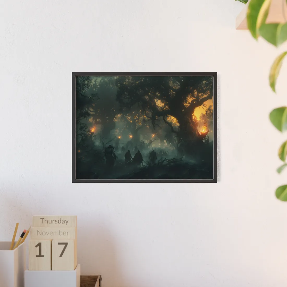 Serene Forest Sunset: Peaceful People's Journey - Framed Poster