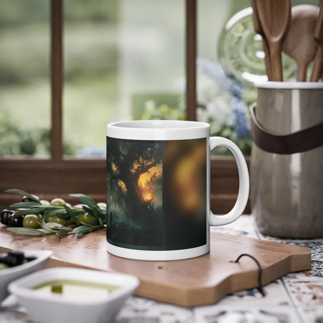 Serene Forest Sunset: Peaceful People's Journey - Mug