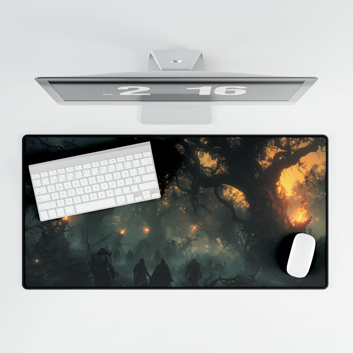 Serene Forest Sunset: Peaceful People's Journey - Desk Mat