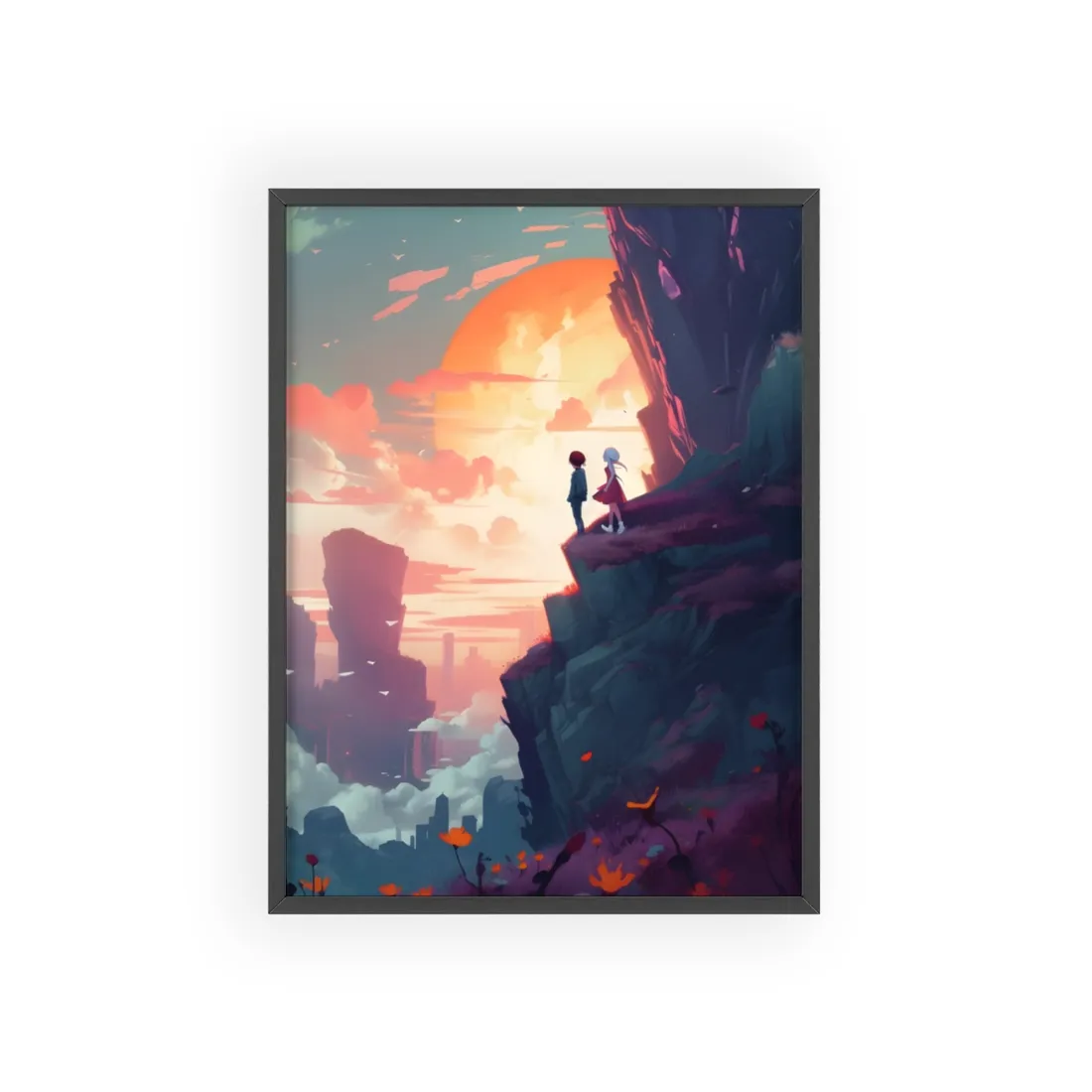 Serene Hilltop: Girl and Boy in Nature's Embrace - Framed Poster