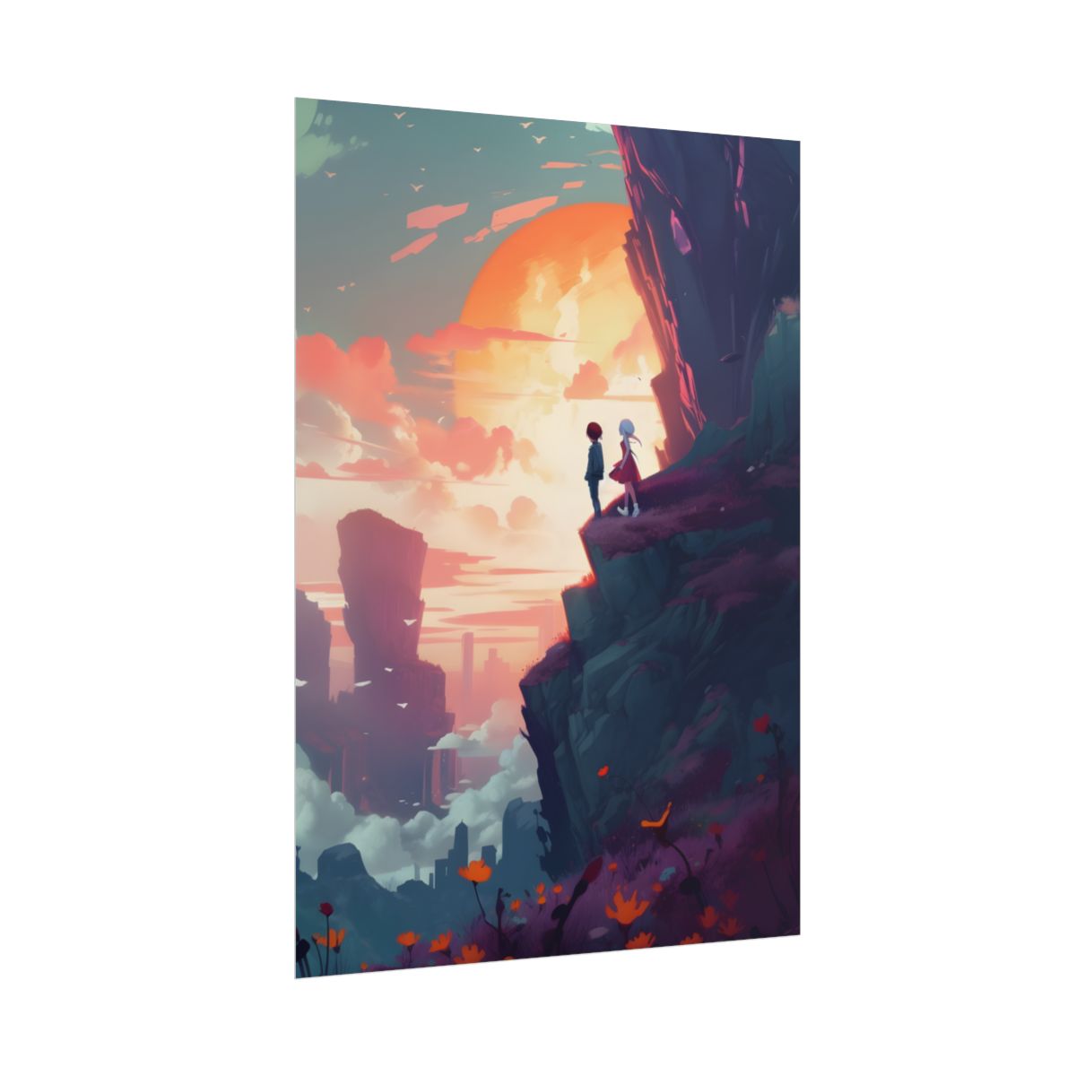 Serene Hilltop: Girl and Boy in Nature's Embrace - Poster