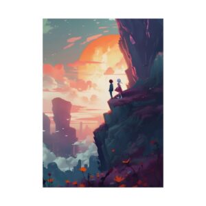 Figures on Cliff at Sunset Poster