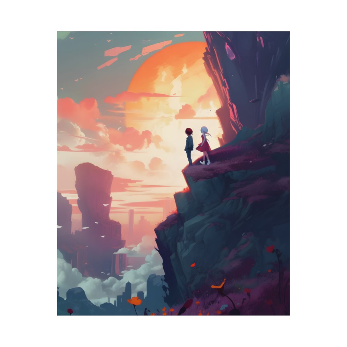 Serene Hilltop: Girl and Boy in Nature's Embrace - Poster