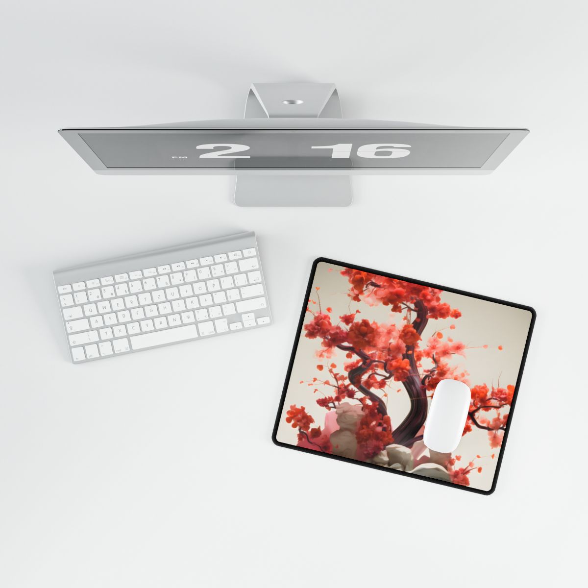Serene Landscape in Ash Magenta: Mossy Nature Artwork - Desk Mat
