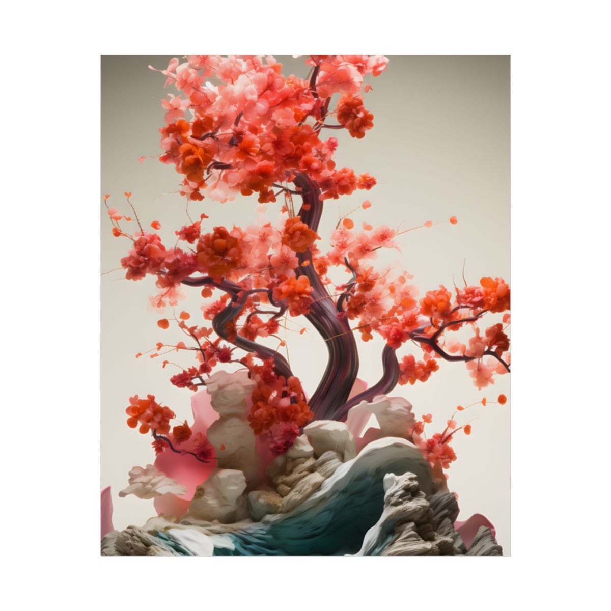 Serene Landscape in Ash Magenta: Mossy Nature Artwork - Poster