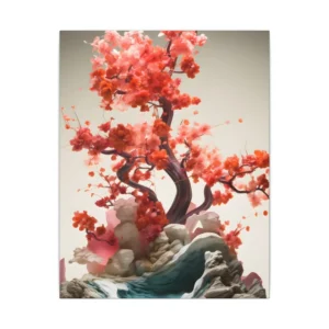 Red Blossom Tree on Rocks Canvas Print