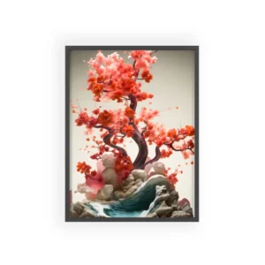 Red Blossom Tree on Rocks Framed Poster