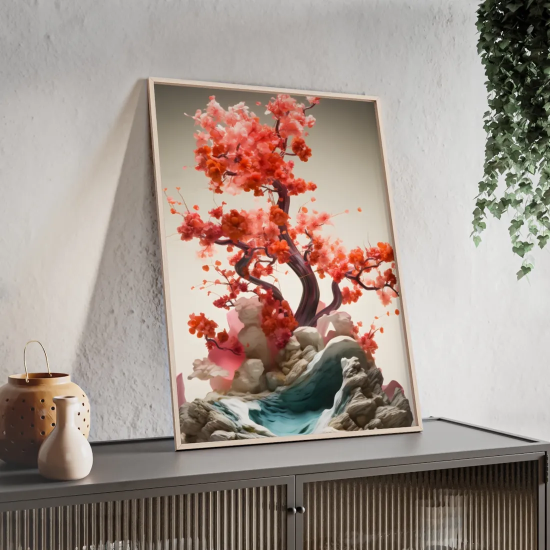 Serene Landscape in Ash Magenta: Mossy Nature - Framed Poster