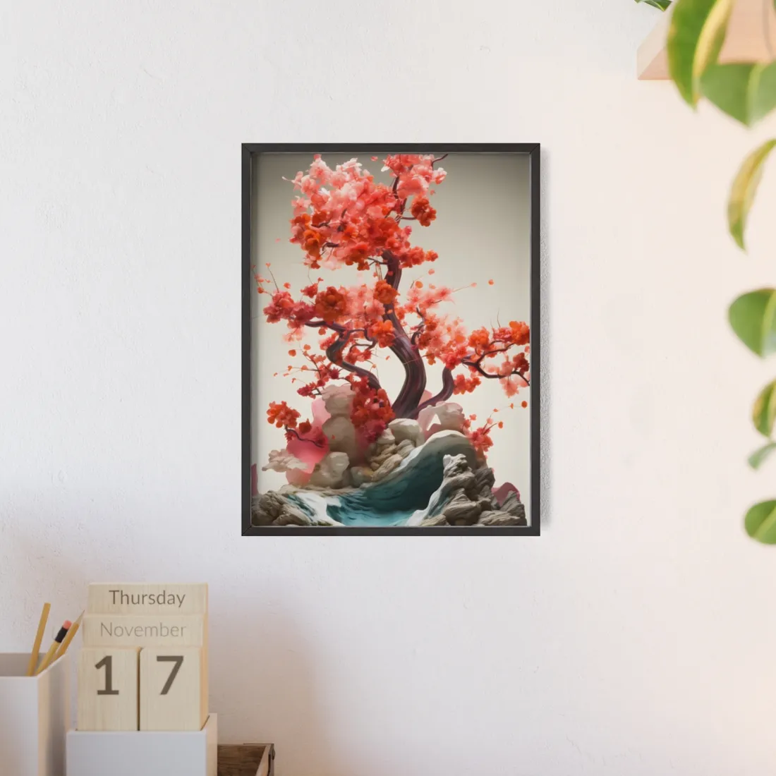 Serene Landscape in Ash Magenta: Mossy Nature - Framed Poster