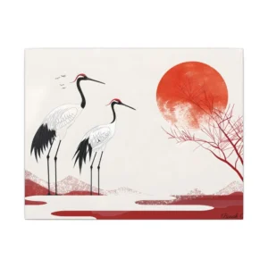 Two Cranes Beside Red Sun Canvas Print