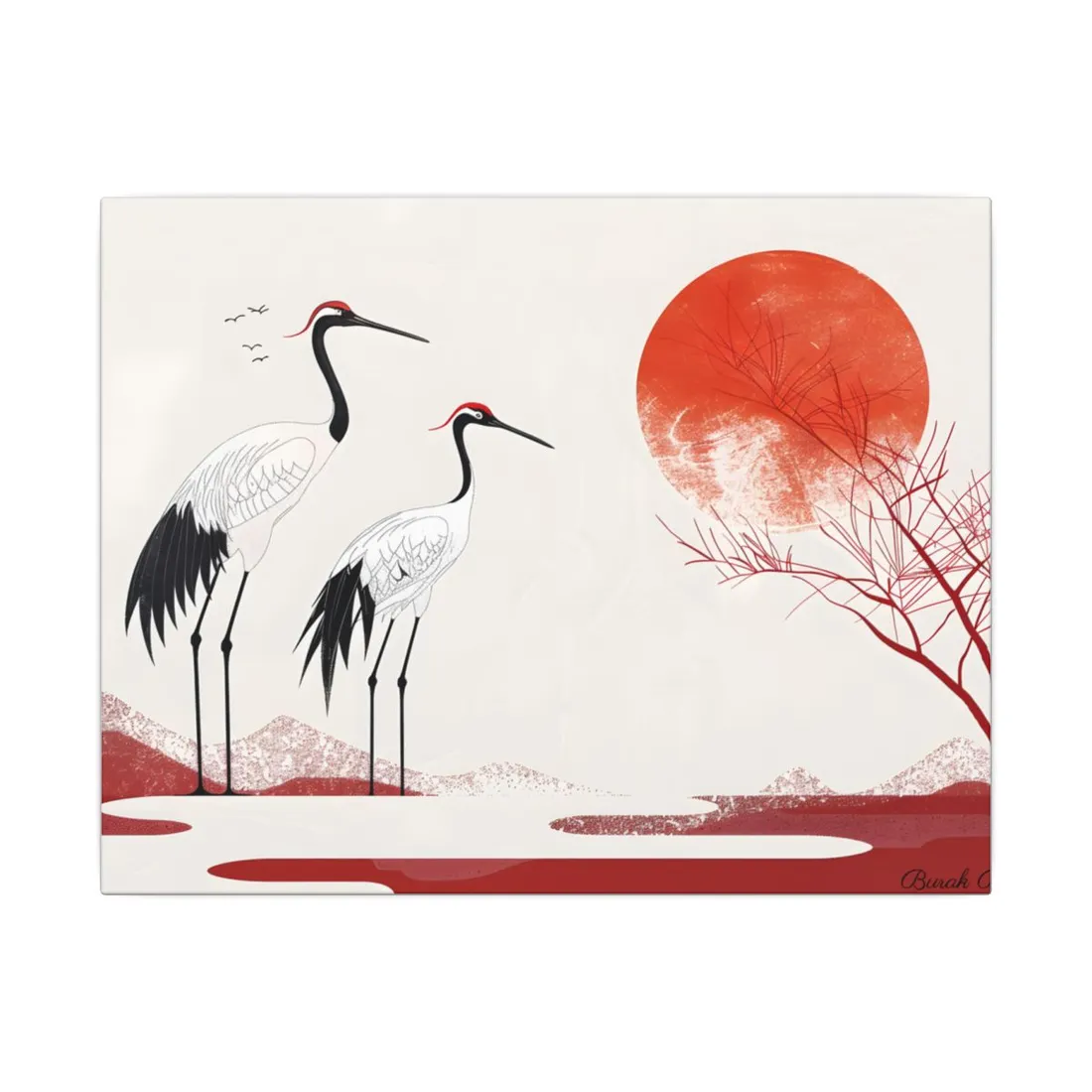 Serene Landscape with Cranes: Amidst Nature's Tranquility - Canvas