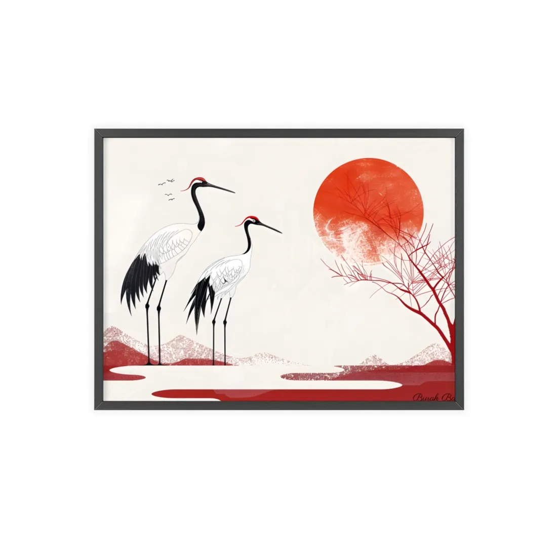 Serene Landscape with Cranes: Amidst Nature's Tranquility - Framed Poster