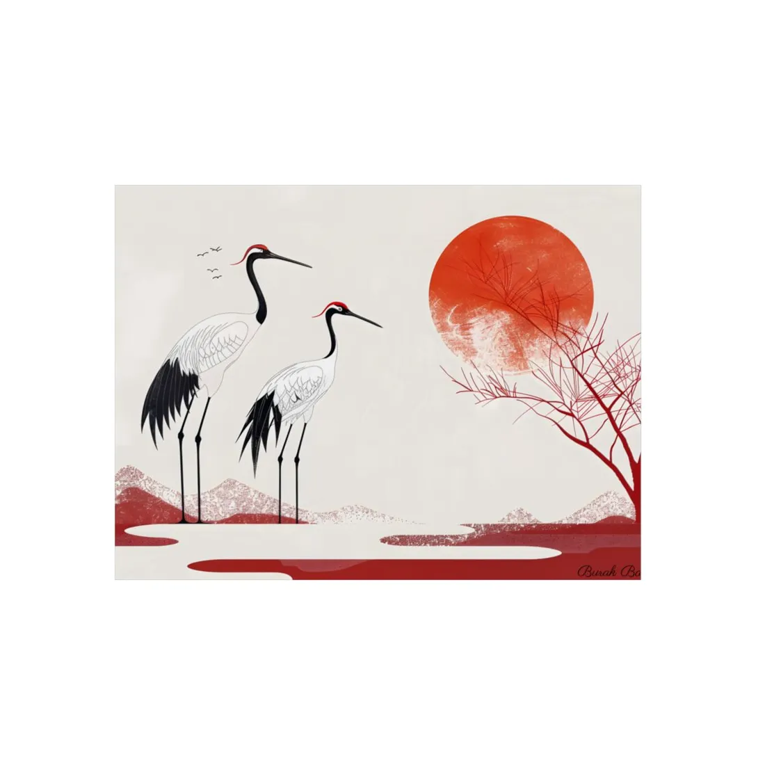 Serene Landscape with Cranes: Amidst Nature's Tranquility - Metal Poster