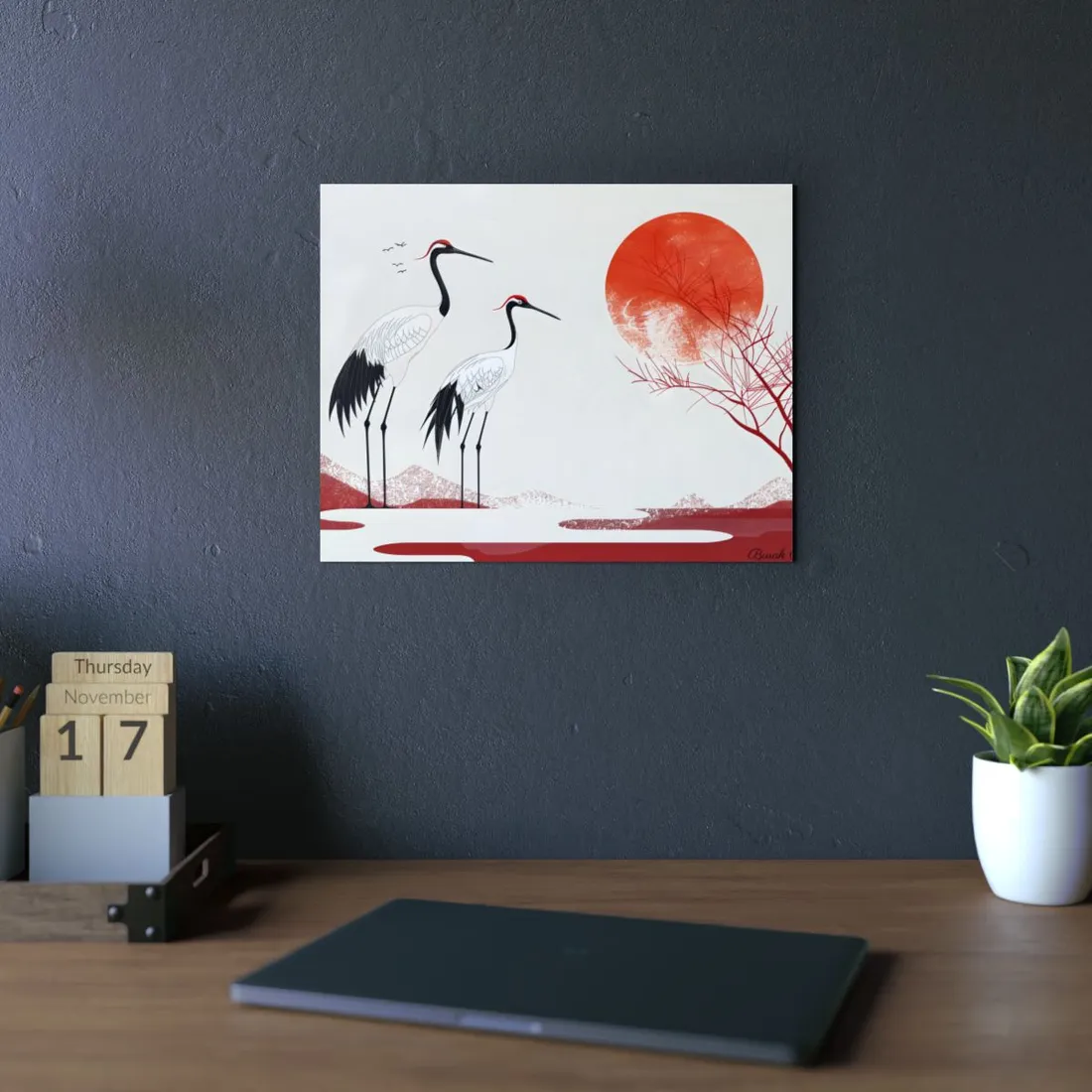 Serene Landscape with Cranes: Amidst Nature's Tranquility - Metal Poster