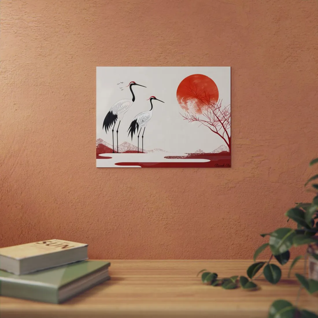 Serene Landscape with Cranes: Amidst Nature's Tranquility - Metal Poster
