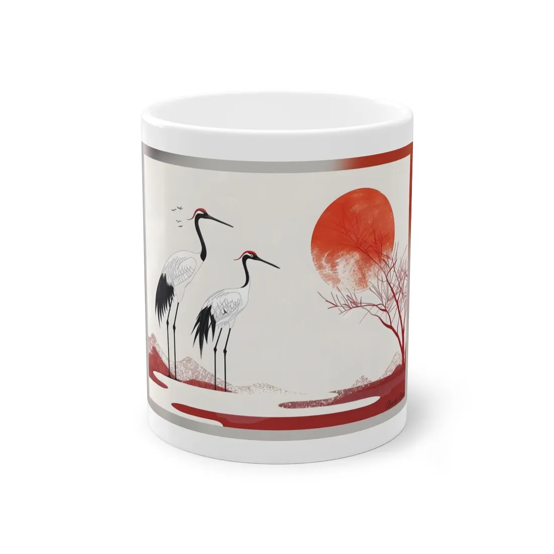 Serene Landscape with Cranes: Amidst Nature's Tranquility - Mug