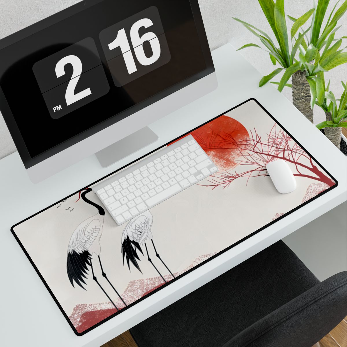 Serene Landscape with Cranes: Amidst Nature's Tranquility - Desk Mat