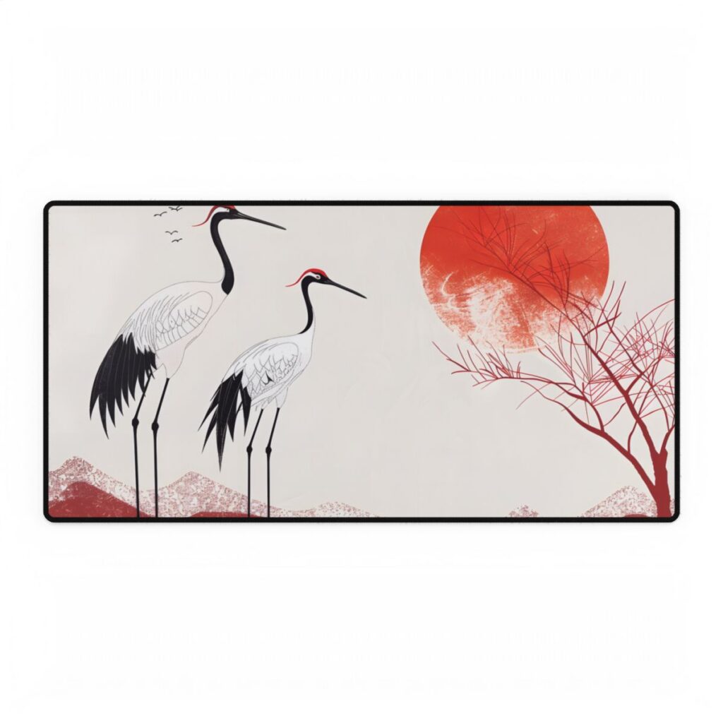 Serene Landscape with Cranes: Amidst Nature's Tranquility - Desk Mat
