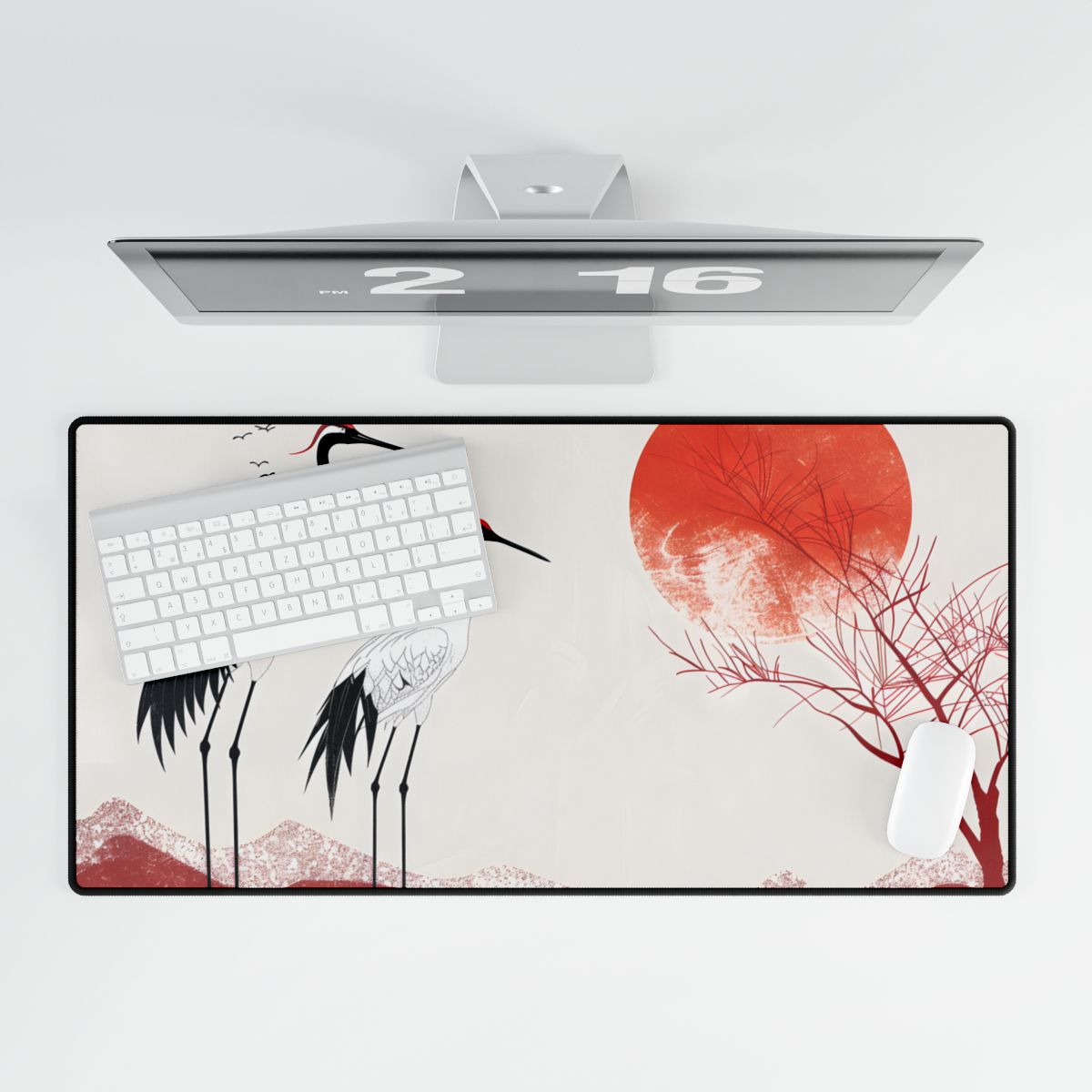 Serene Landscape with Cranes: Amidst Nature's Tranquility - Desk Mat