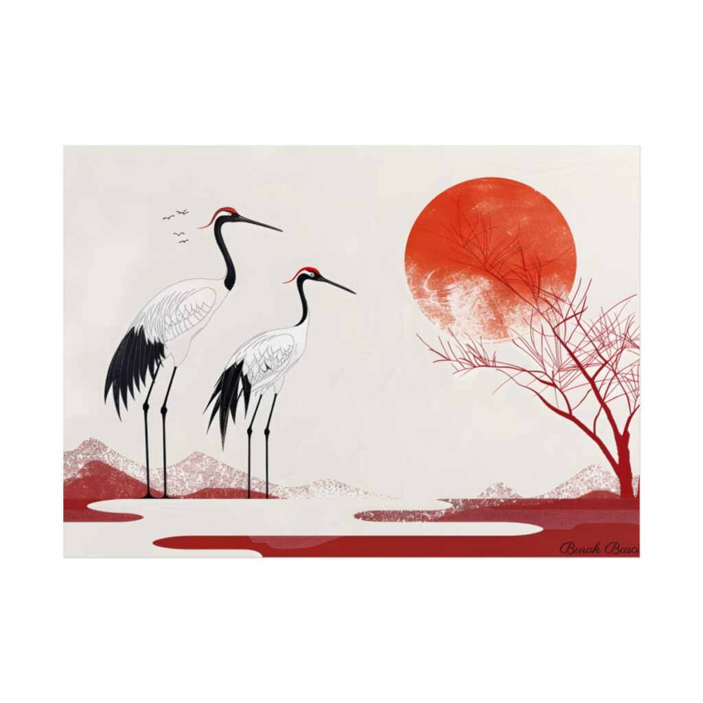 Serene Landscape with Cranes: Amidst Nature's Tranquility - Poster