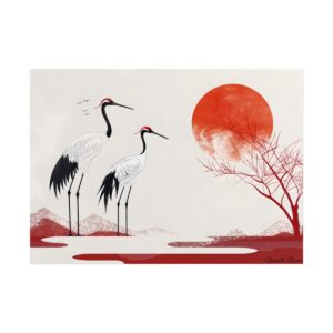 Two Cranes Beside Red Sun Poster