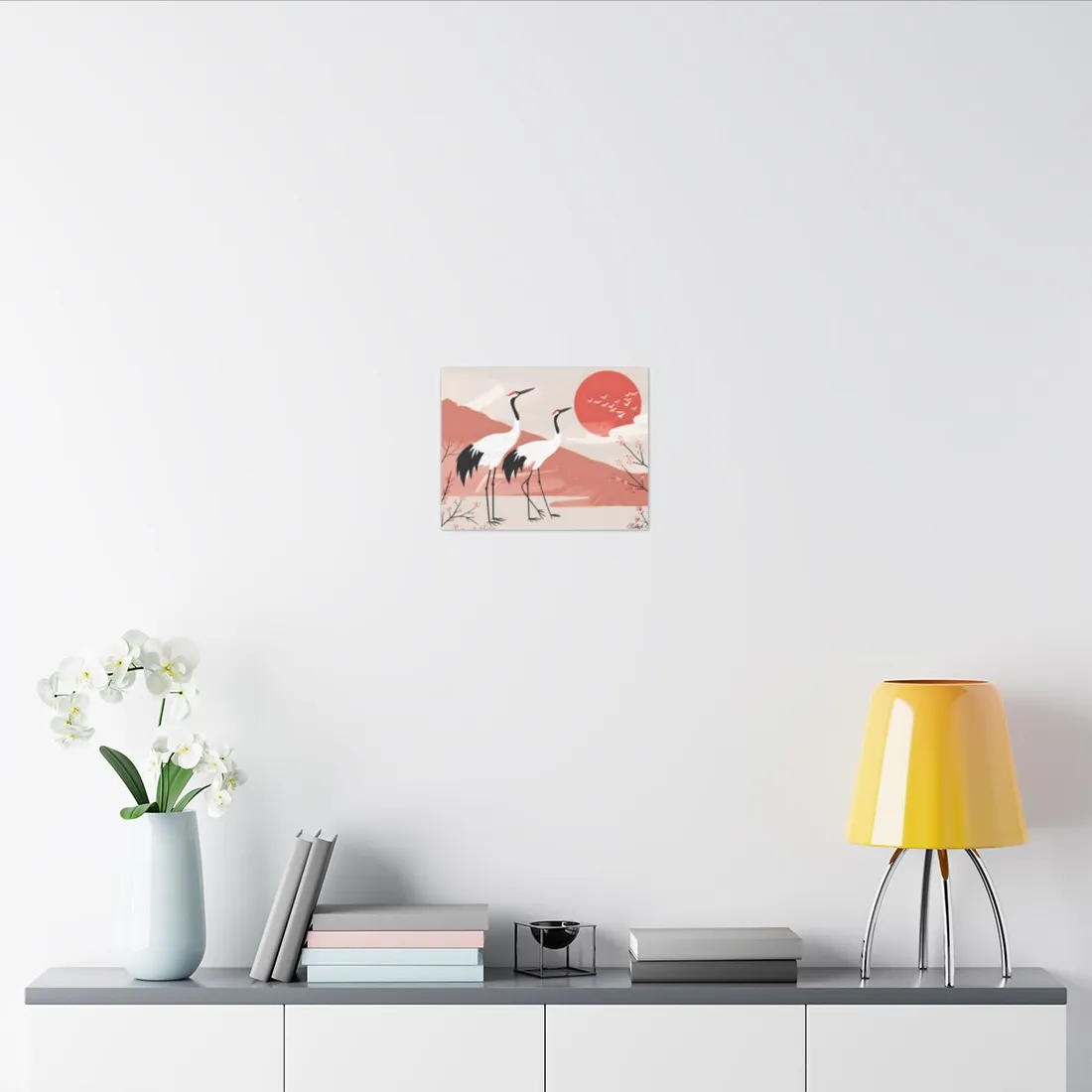 Serene Landscape with Cranes: Peaceful Nature Art - Canvas