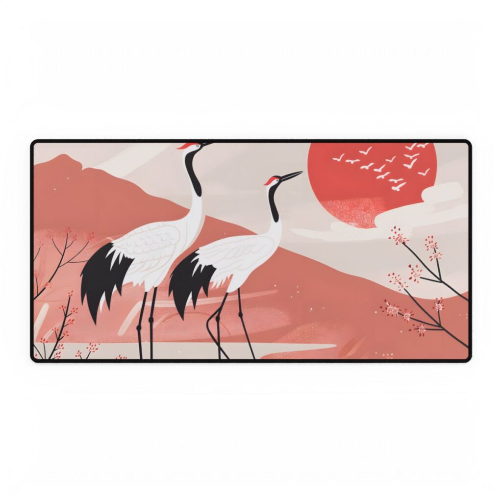 Serene Landscape with Cranes: Peaceful Nature Art - Desk Mat