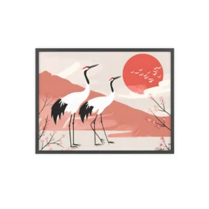 Two Cranes with Red Sun Framed Poster