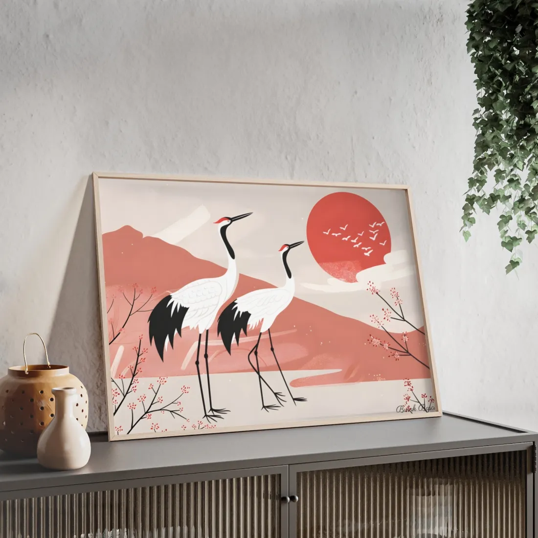 Serene Landscape with Cranes: Peaceful Nature Art - Framed Poster
