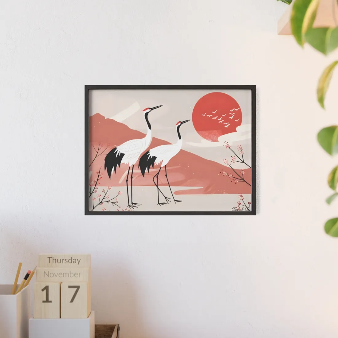 Serene Landscape with Cranes: Peaceful Nature Art - Framed Poster