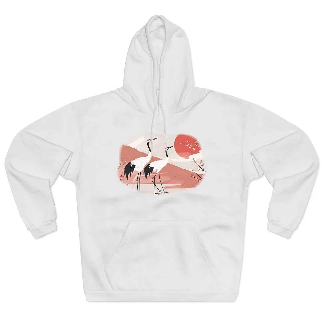 Serene Landscape with Cranes: Peaceful Nature Art - Hoodie (White)