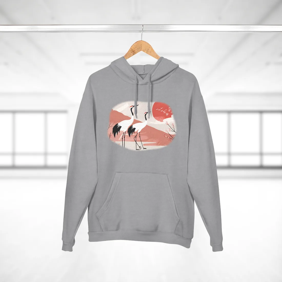 Serene Landscape with Cranes: Peaceful Nature Art - Hoodie (Heather Grey)