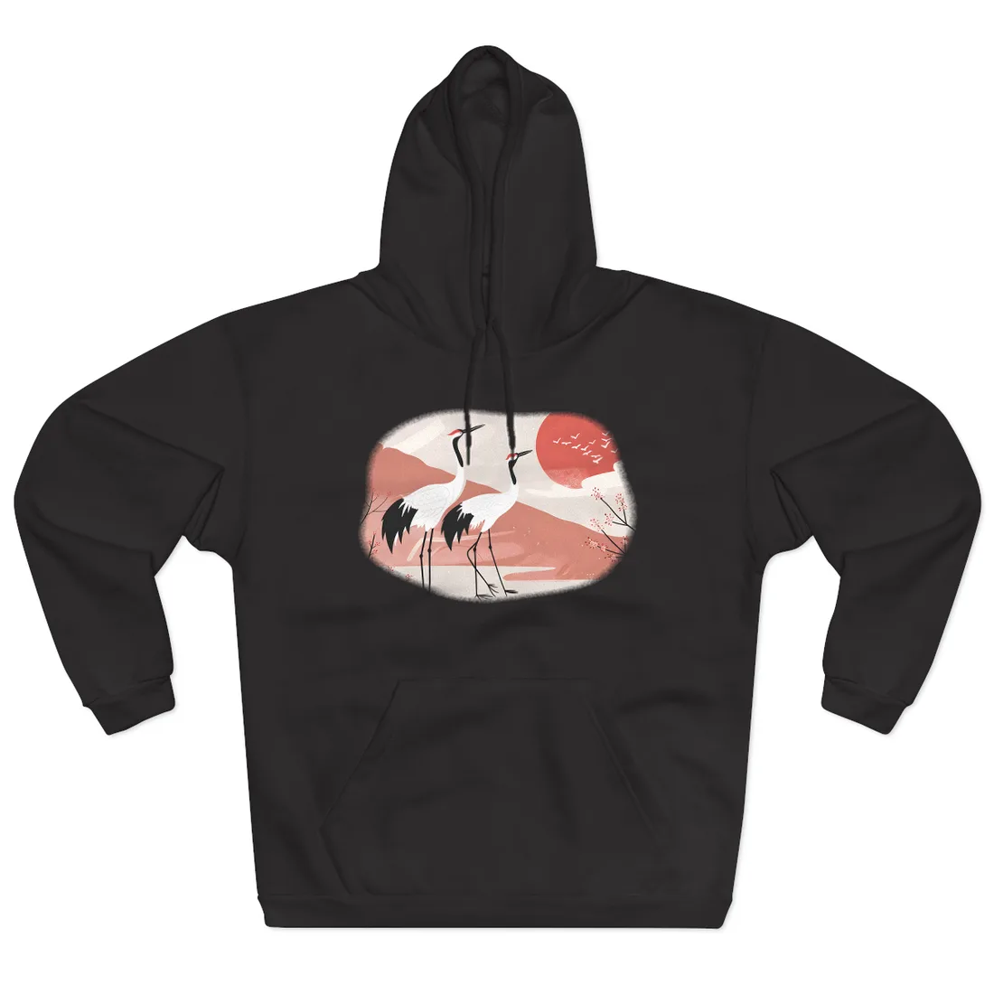 Serene Landscape with Cranes: Peaceful Nature Art - Hoodie (Black)