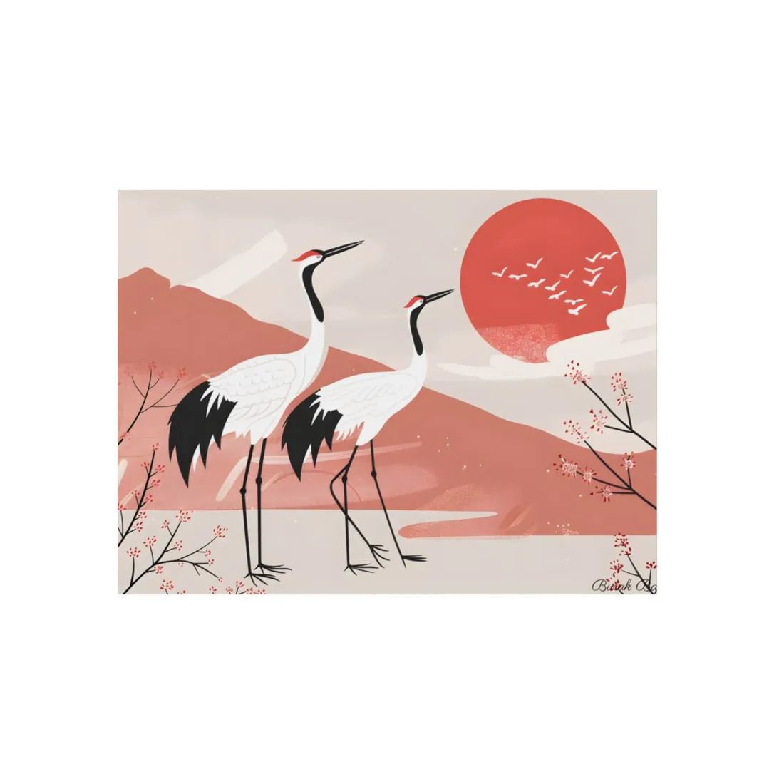 Serene Landscape with Cranes: Peaceful Nature Art - Metal Poster