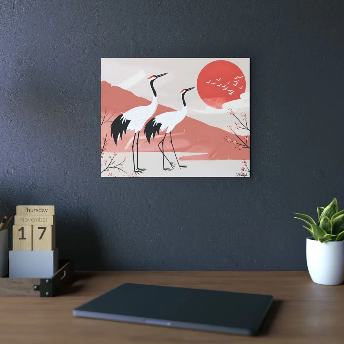 Serene Landscape with Cranes: Peaceful Nature Art - Metal Poster