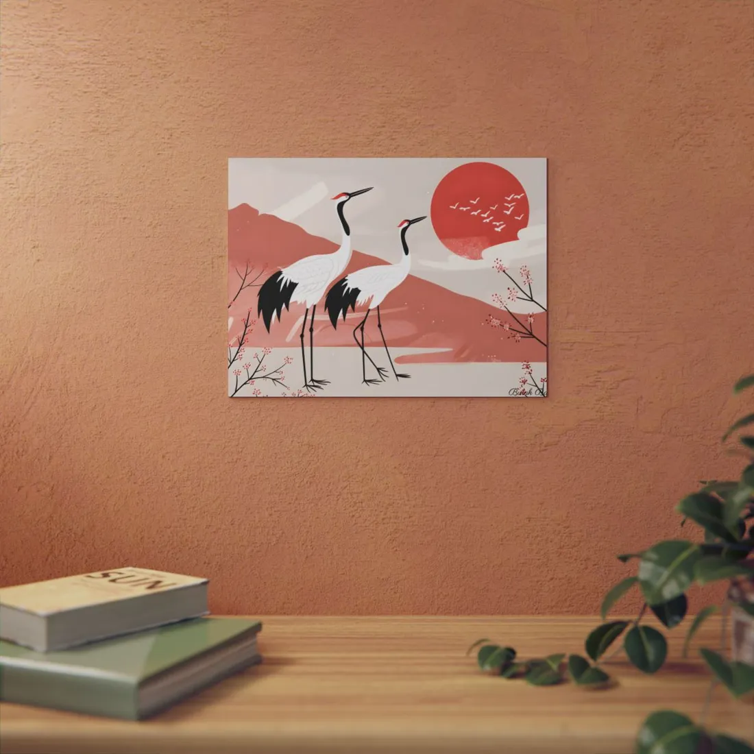 Serene Landscape with Cranes: Peaceful Nature Art - Metal Poster