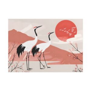 Two Cranes with Red Sun Poster