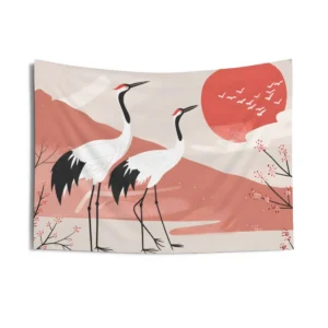Two Cranes with Red Sun Wall Tapestry