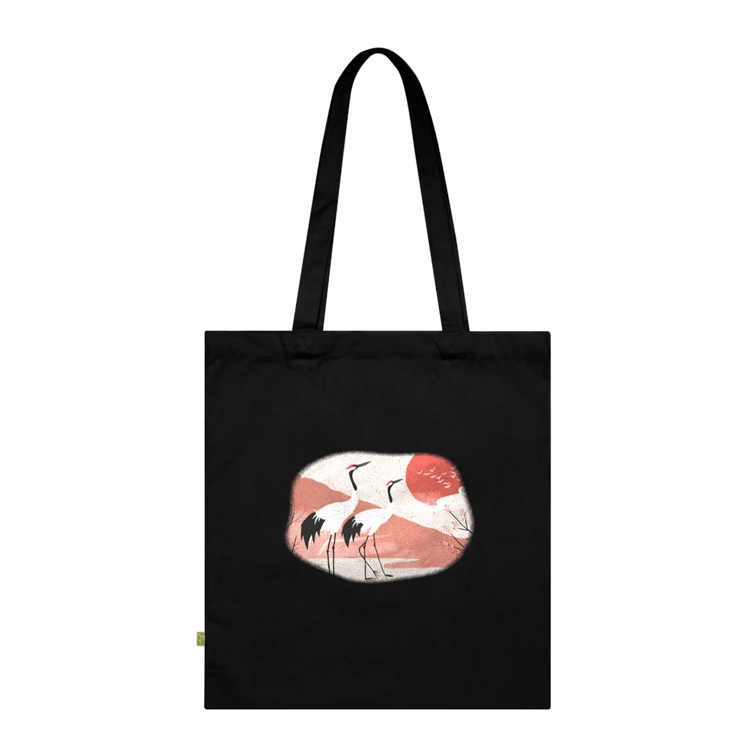 Serene Landscape with Cranes: Peaceful Nature Art - Tote Bag (Black)