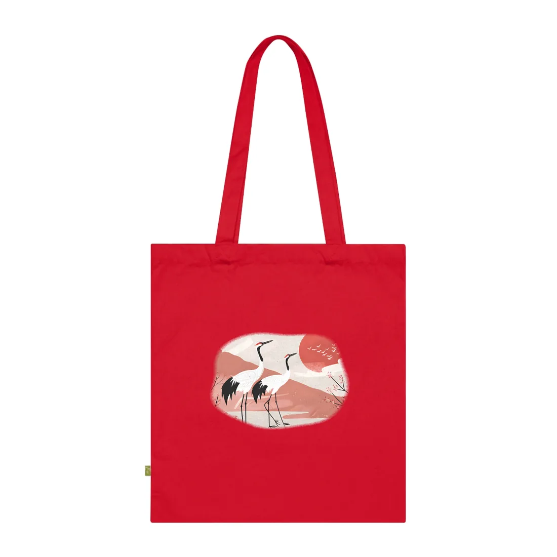 Serene Landscape with Cranes: Peaceful Nature Art - Tote Bag (Classic Red)