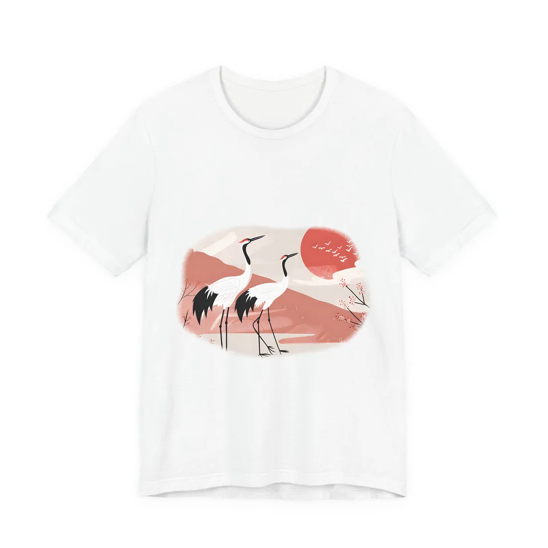 Serene Landscape with Cranes: Peaceful Nature Art - T-Shirt (White)